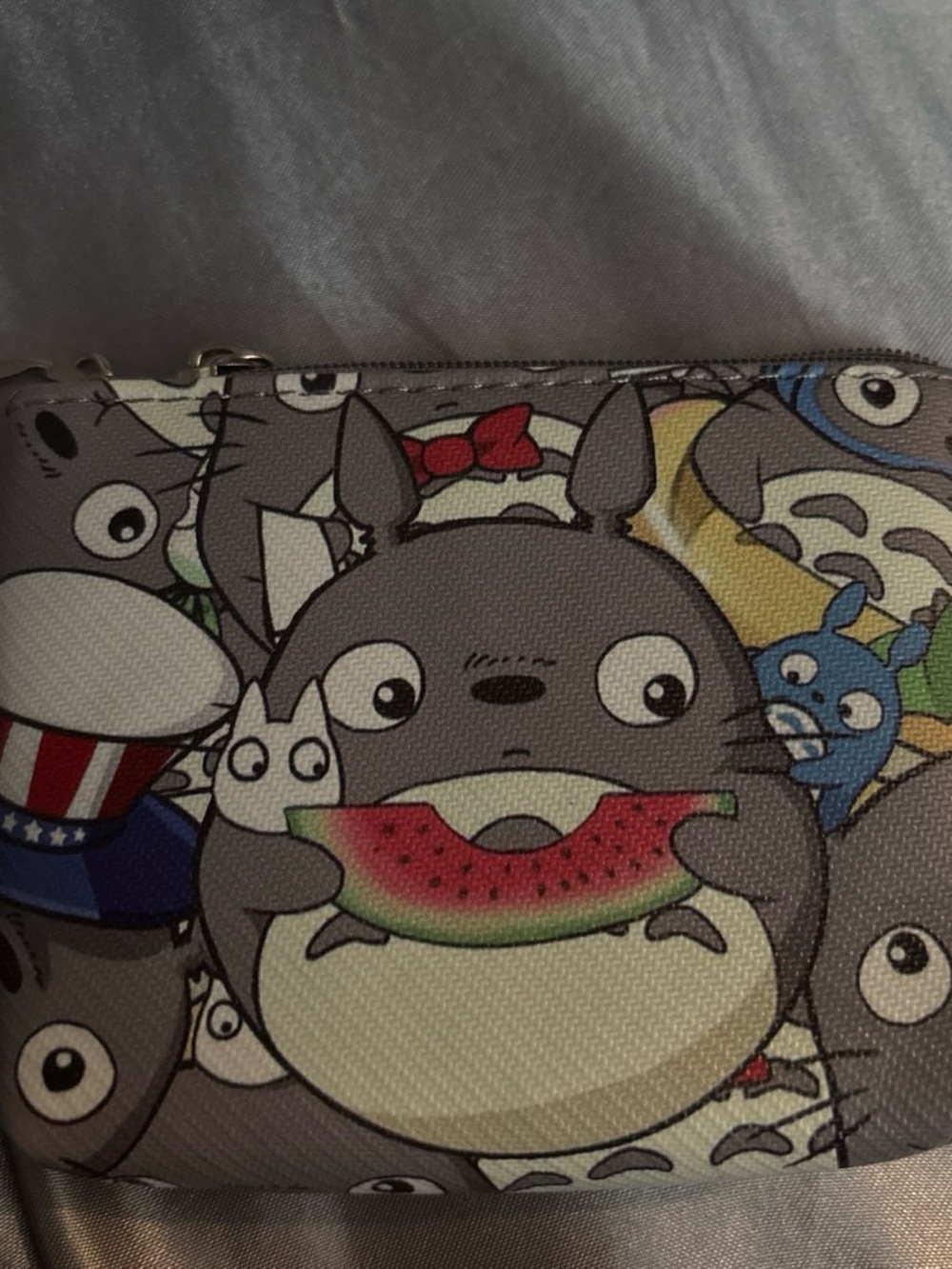 Gray Totoro Print Coin Purse with Watermelon Accent - Unbranded